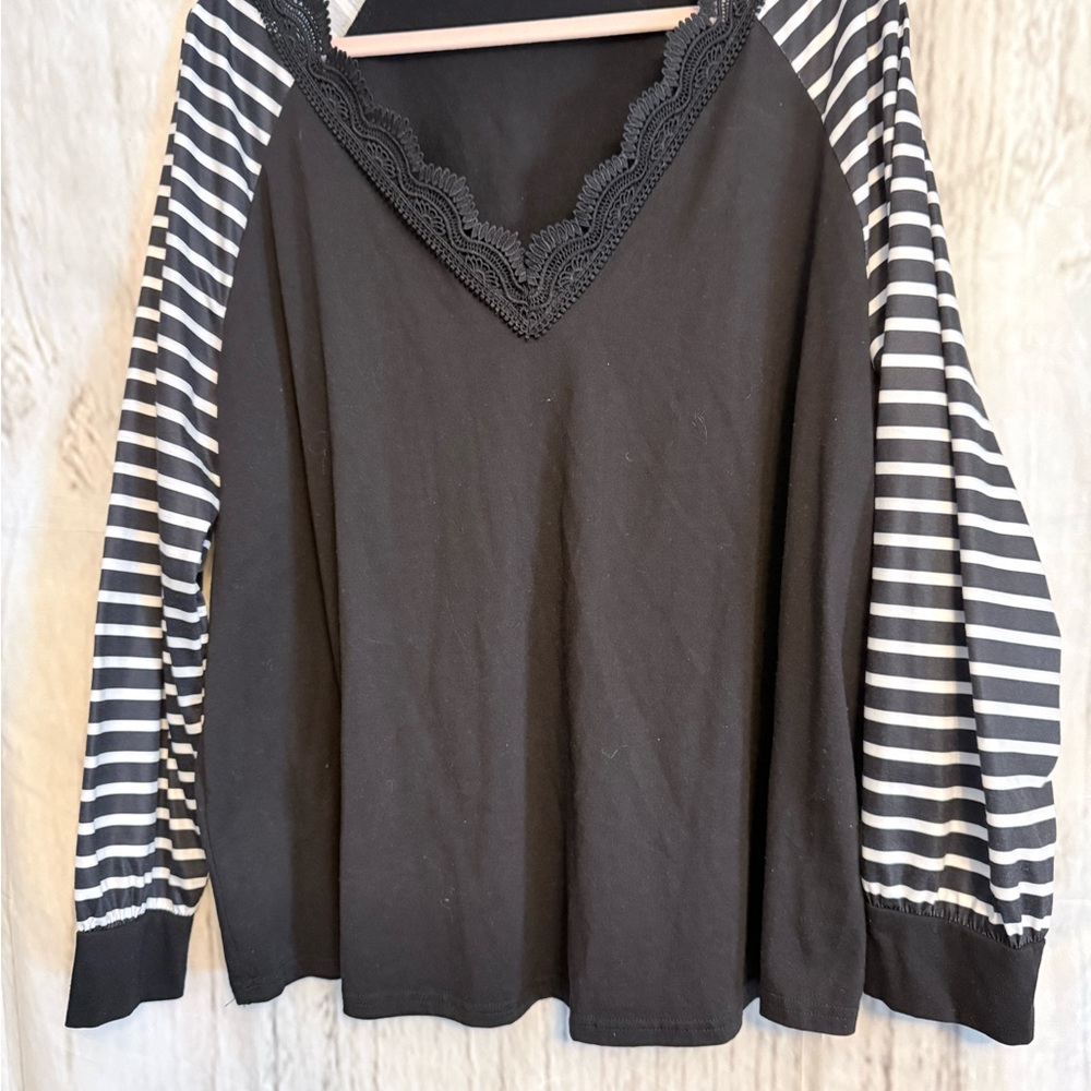 SHEIN Black Top with White Striped Sleeves